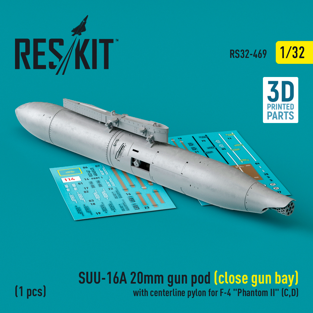 rs32-0469_1 SUU-16A 20mm gun pod (close gun bay) with centerline pylon for F-4 Phantom II (C,D) (1 pcs) (3D Printed) (1/32) - Image 1