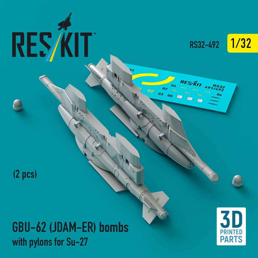 rs32-0492_1 GBU-62 (JDAM-ER) bombs with pylons for Su-27 (2 pcs) (3D Printed) (1/32) - Image 1