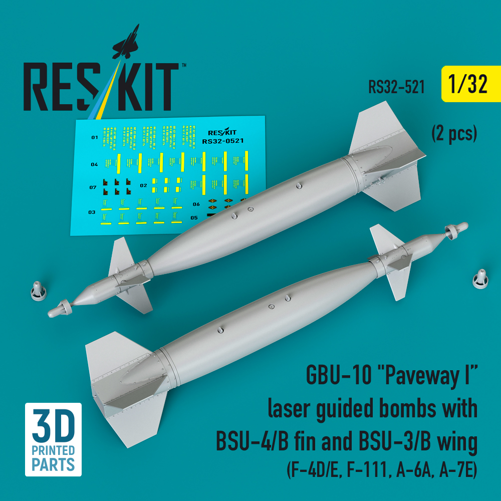 rs32-0521_1 GBU-10 Paveway I laser guided bombs with BSU-4/B fin and BSU-3/B wing (2 pcs) (3D Printed) (1/32) - Image 1