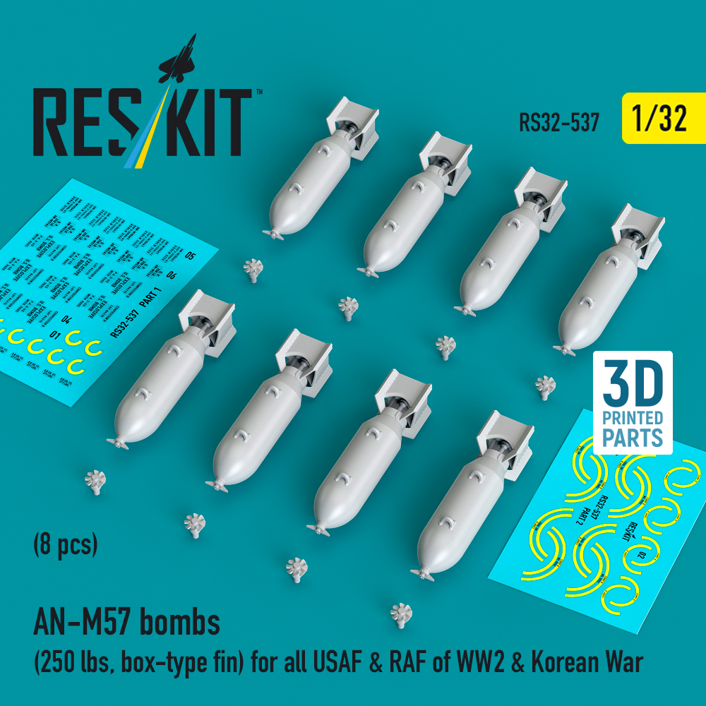 rs32-0537_1 AN-M57 bombs (250 lbs, box-type fin) for all USAF & RAF of WW2 & Korean War (8 pcs) (3D Printed) (1/32) - Image 1