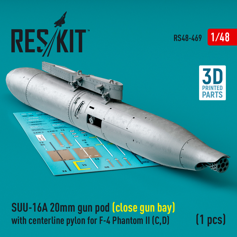 rs48-0469_1 SUU-16A 20mm gun pod (close gun bay) with centerline pylon for F-4 Phantom II (C,D) (1 pcs) (3D Printed) (1/48) - Image 1