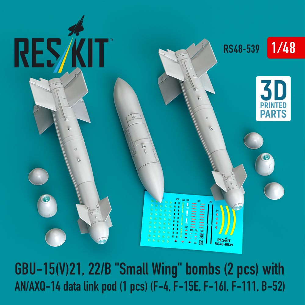 rs48-0539_1 GBU-15(V)21, 22/B Small Wing bombs (2 pcs) with AN/AXQ-14 data link pod (1 pcs) (3D Printed) (1/48) - Image 1