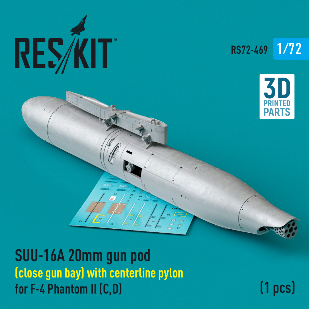 rs72-0469_1 SUU-16A 20mm gun pod (close gun bay) with centerline pylon for F-4 Phantom II (C,D) (1 pcs) (3D Printed) (1/72) - Image 1