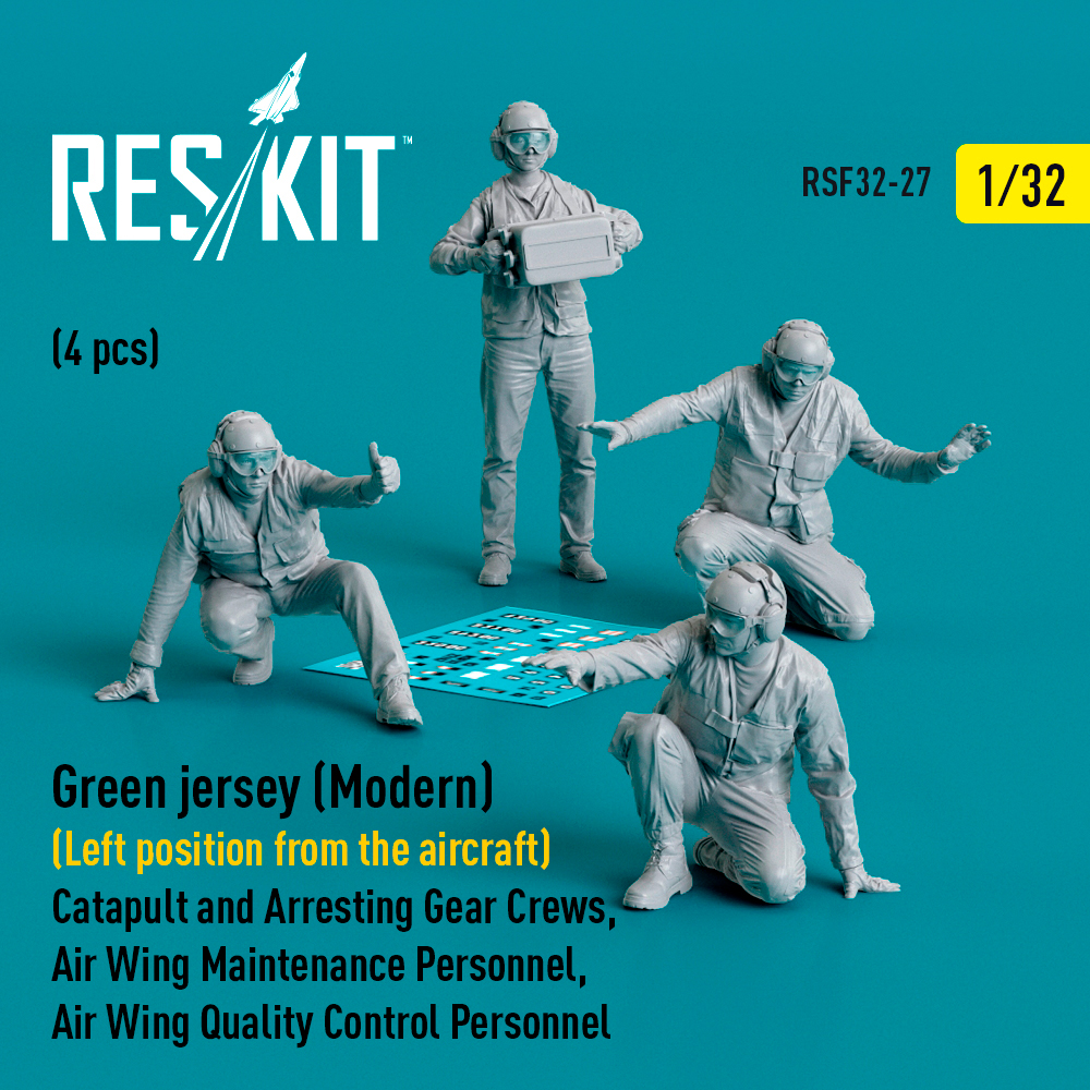 rsf32-0027_1 Green jersey (Modern) (Left position from the aircraft) Catapult and Arresting Gear Crews, Air Wing Maintenance Personnel, Air Wing Quality Control Personnel (4 pcs) (3D Printed) (1/32) - Image 1