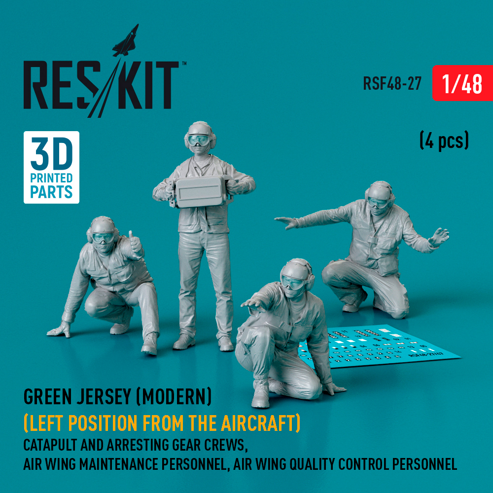 rsf48-0027_1 Green jersey (Modern) (Left position from the aircraft) Catapult and Arresting Gear Crews, Air Wing Maintenance Personnel, Air Wing Quality Control Personnel (4 pcs) (3D Printed) (1/48) - Image 1