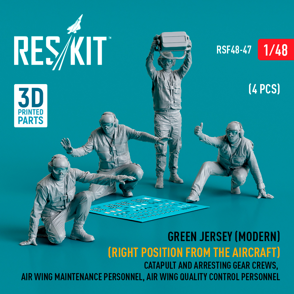 rsf48-0047_1 Green jersey (Modern) (Right position from the aircraft) Catapult and Arresting Gear Crews, Air Wing Maintenance Personnel, Air Wing Quality Control Personnel (4 pcs) (3D Printed) (1/48) - Image 1