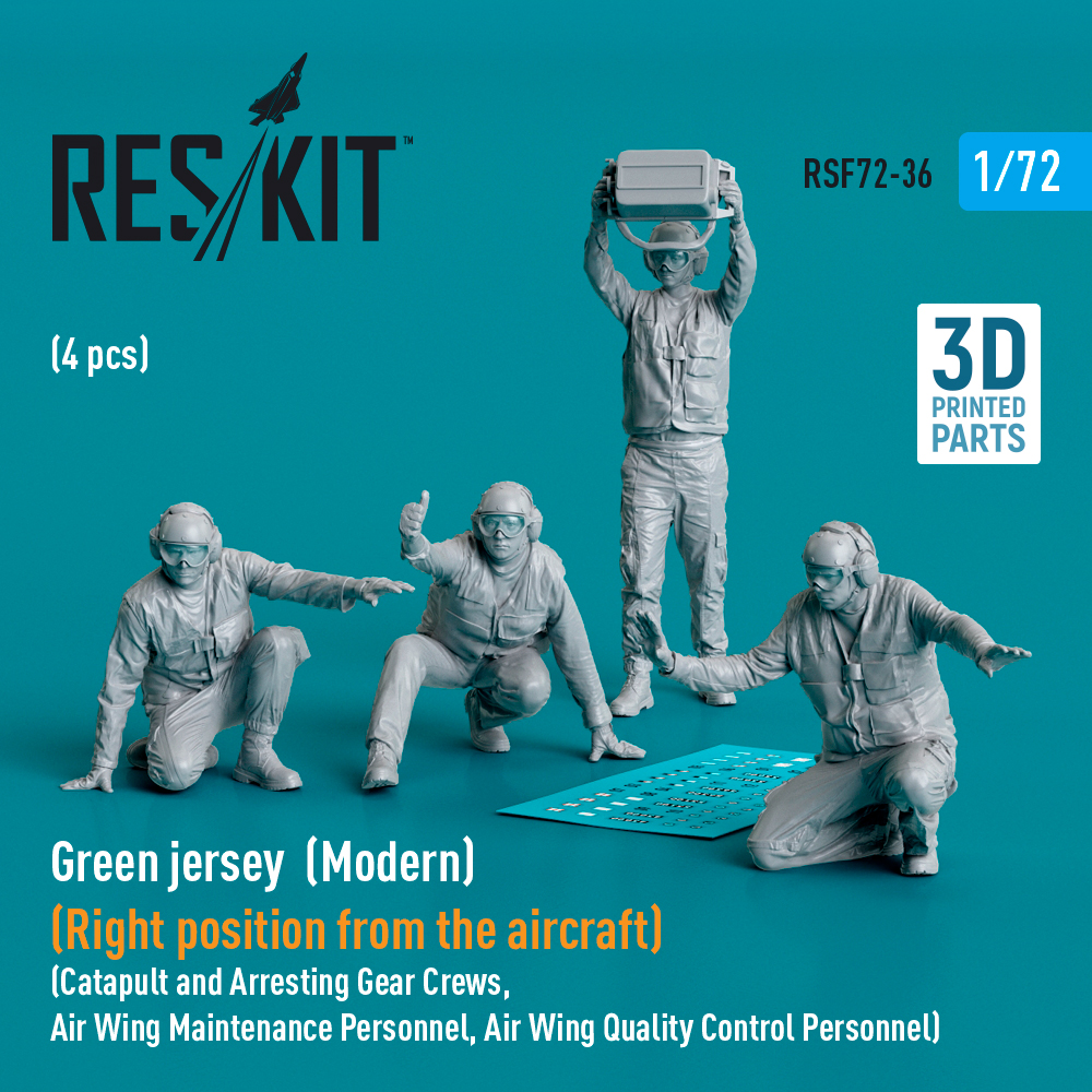 rsf72-0036_1 Green jersey (Modern) (Right position from the aircraft) Catapult and Arresting Gear Crews, Air Wing Maintenance Personnel, Air Wing Quality Control Personnel (4 pcs) (3D Printed) (1/72) - Image 1