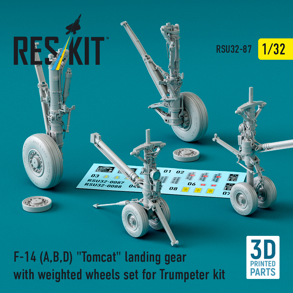 rsu32-0087_1 F-14 (A,B,D) Tomcat landing gear with weighted wheels set for Trumpeter kit (3D Printed) (1/32) - Image 1