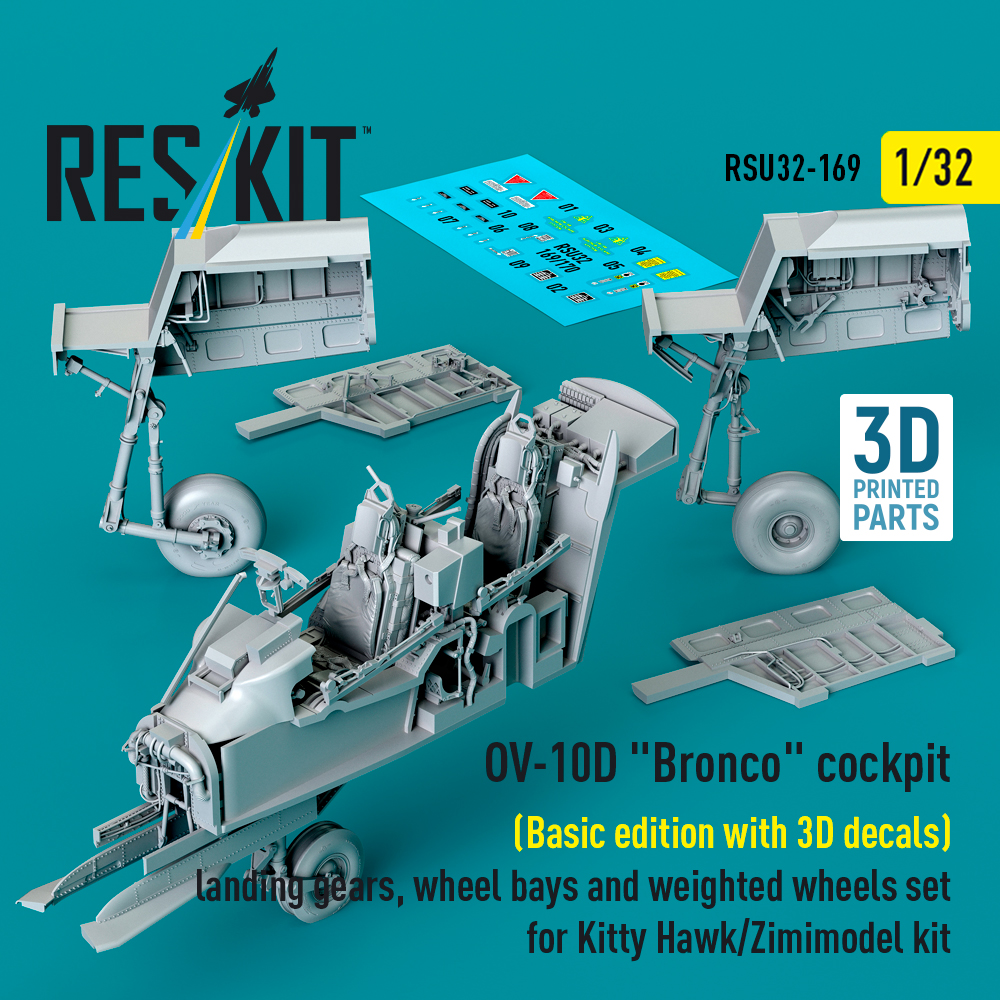 rsu32-0169_1 OV-10D Bronco cockpit (Basic edition with 3D decals) landing gears, wheel bays and weighted wheels set for Kitty Hawk/Zimimodel kit (3D Printed) (1/32) - Image 1
