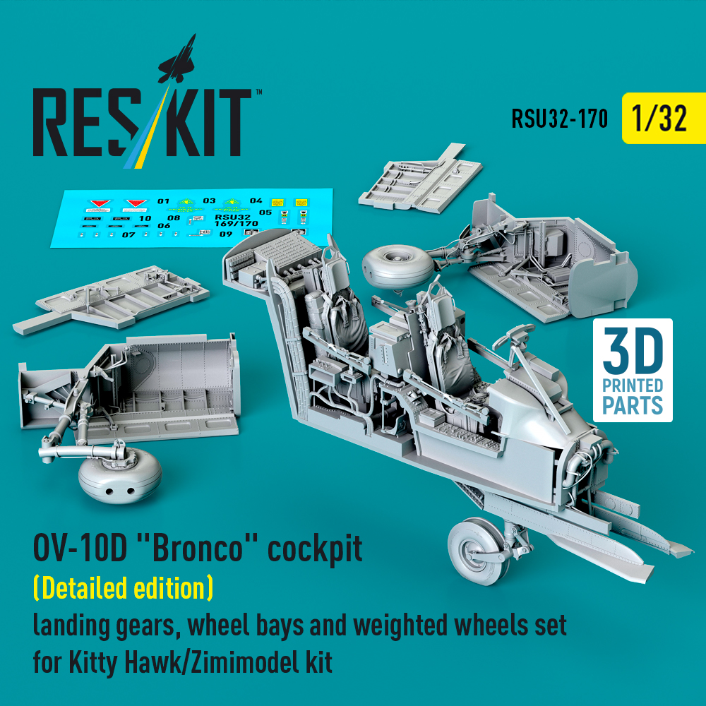 rsu32-0170_1 OV-10D Bronco cockpit (Detailed edition) landing gears, wheel bays and weighted wheels set for Kitty Hawk/Zimimodel kit (3D Printed) (1/32) - Image 1
