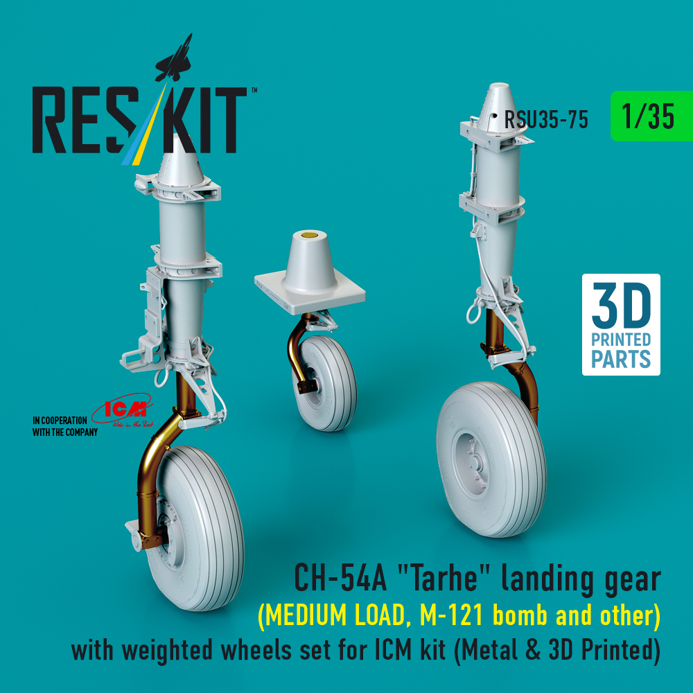 rsu35-0075_1 CH-54A Tarhe landing gear (MEDIUM LOAD, M-121 bomb and other) with weighted wheels set for ICM kit (Metal & 3D Printed) (1/35) - Image 1