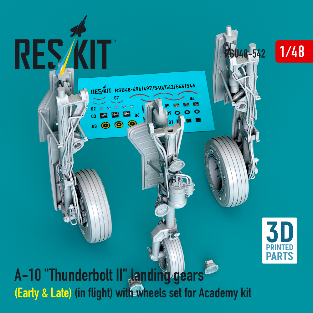 rsu48-0542_1 A-10 "Thunderbolt II" landing gears (Early & Late) (in flight) with wheels set for Academy kit (3D Printed) (1/48) - Image 1