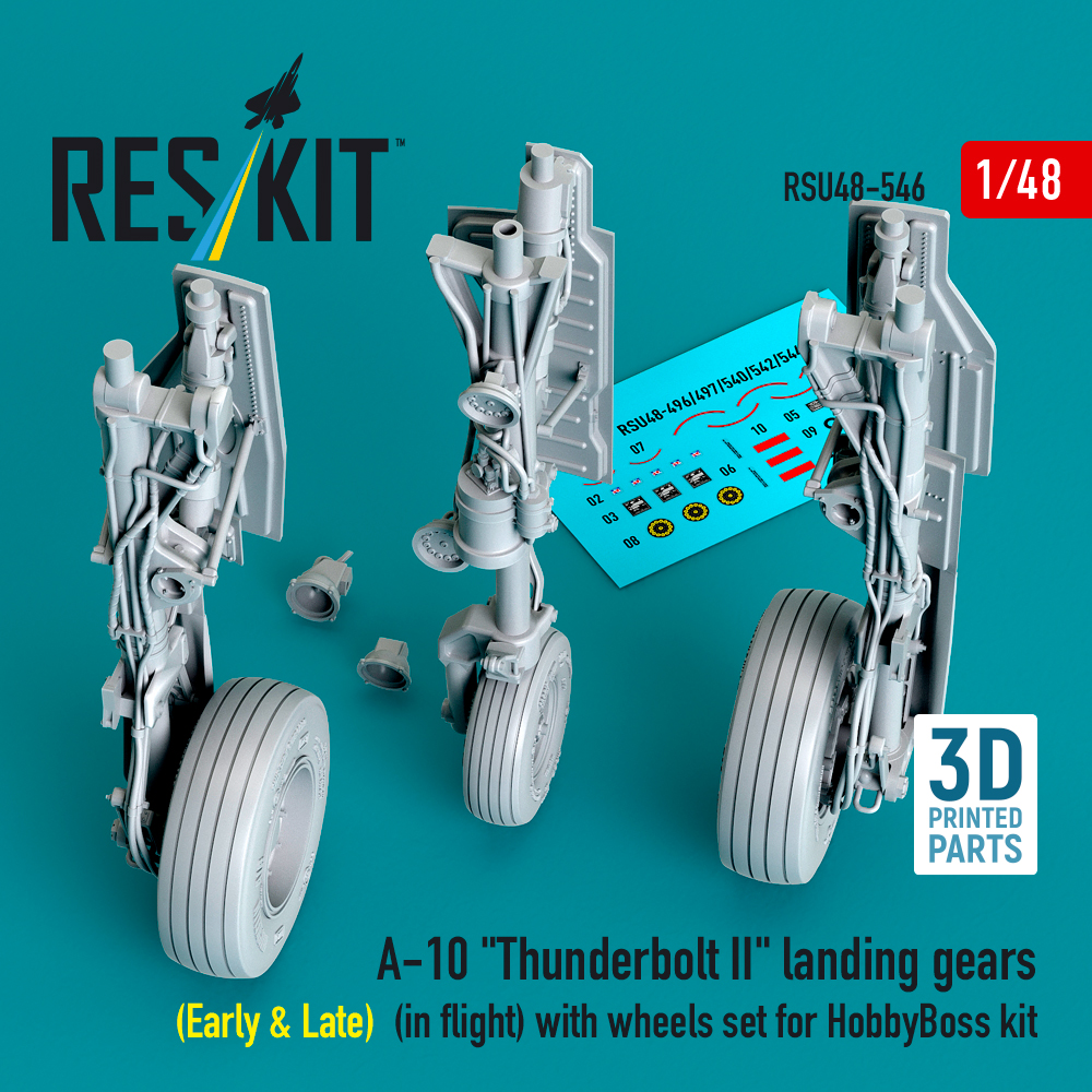 rsu48-0546_1 A-10 "Thunderbolt II" landing gears (Early & Late) (in flight) with wheels set for HobbyBoss kit (3D Printed) (1/48) - Image 1