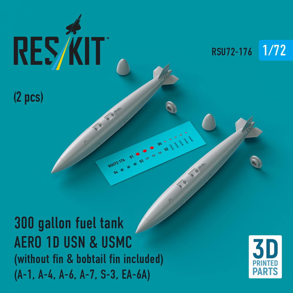 rsu72-0176_1 300 gallon fuel tank AERO 1D USN & USMC (without fin & bobtail fin included) (2 pcs) (3D Printed) (1/72) - Image 1