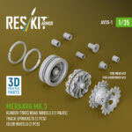 Merkava Mk.3 rubber-tyred road wheels (12 pairs), track sprockets (2 pcs), idler wheels (2 pcs) for Meng/HobbyBoss kit (3D Printed) (1/35)