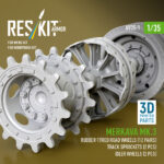 Merkava Mk.3 rubber-tyred road wheels (12 pairs), track sprockets (2 pcs), idler wheels (2 pcs) for Meng/HobbyBoss kit (3D Printed) (1/35) - Image 3