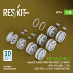 Merkava Mk.3 damaged  rubber-tyred  road wheels (12 pairs), track sprockets (2 pcs), idler wheels (2 pcs) & mud proof rims for Meng/HobbyBoss kit (3D Printed) (1/35)