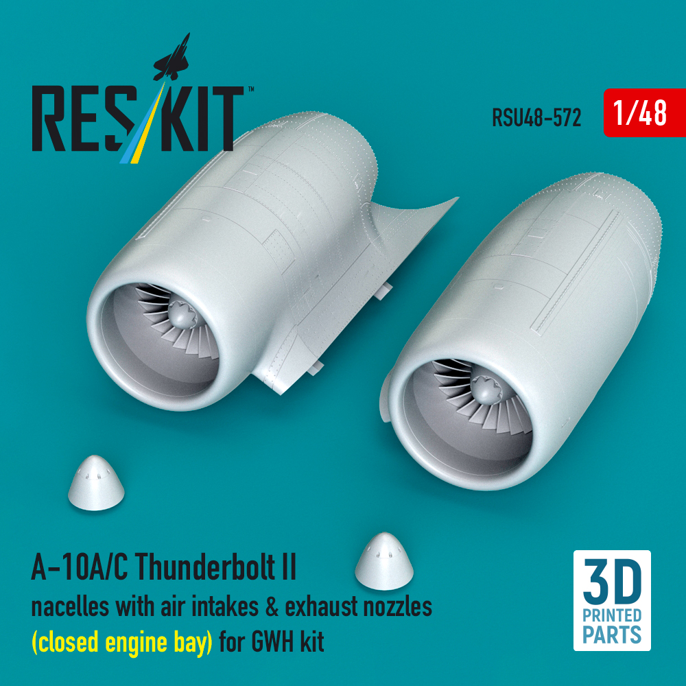 rsu48-0572_1 A-10A/C Thunderbolt II nacelles with air intakes & exhaust nozzles (close engine bay) for GWH kit (3D Printed) (1/48) - Image 1