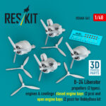 B-24 Liberator propellers (2 types), engines & cowlings (closed engine bays (2 pcs) and open engine bays 2 (pcs)) for HobbyBoss kit (3D Printed) (1/48)