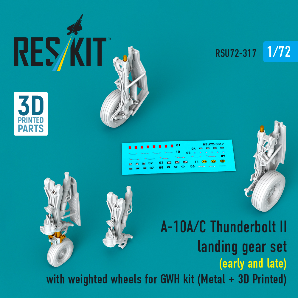 rsu72-0317_1 A-10A/C Thunderbolt II landing gear set (early and late) with weighted wheels for GWH kit (Metal + 3D Printed) (1/72) - Image 1